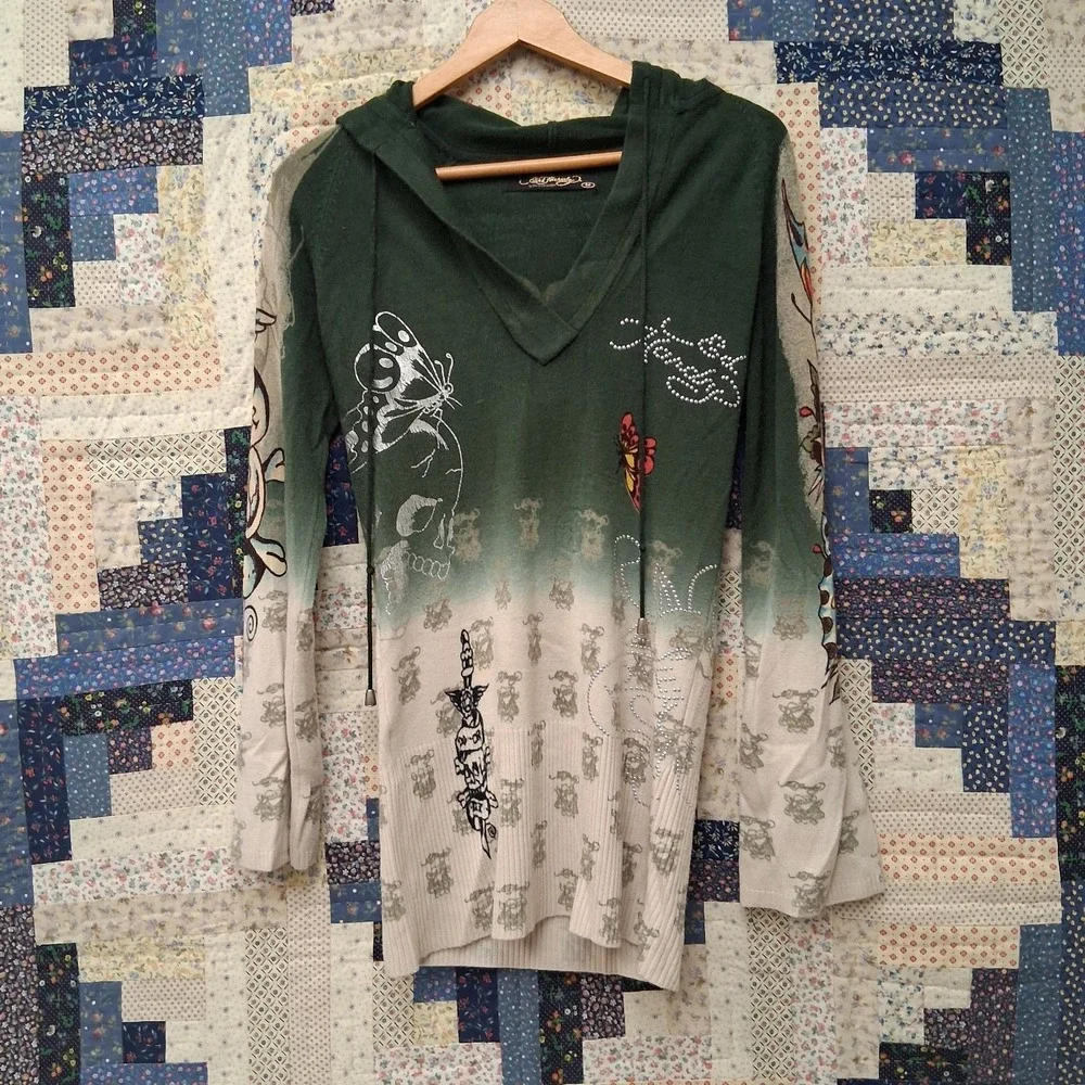 Vintage Y2K Ed Hardy Christian Audigier Hooded Pullover Sweater Love Kills Slowl